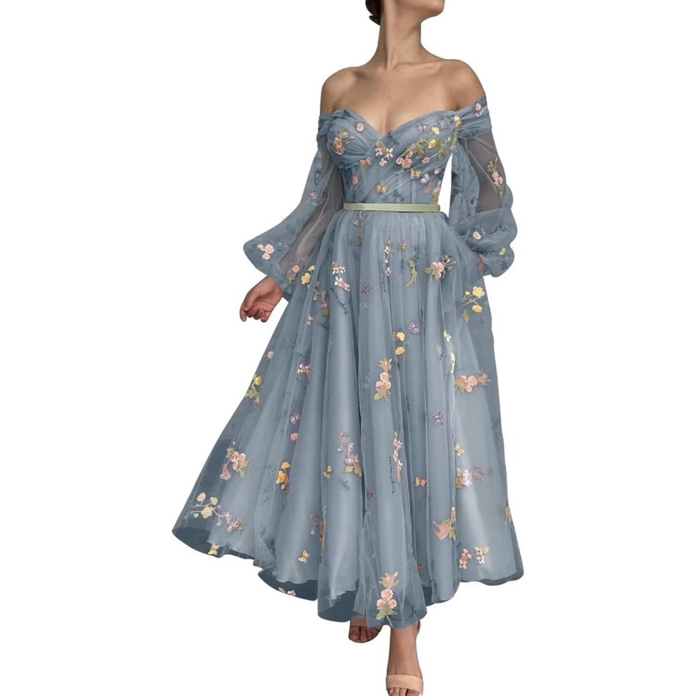Women's Puffy Sleeve Tulle Prom Dresses Tea Length Flower Lace.